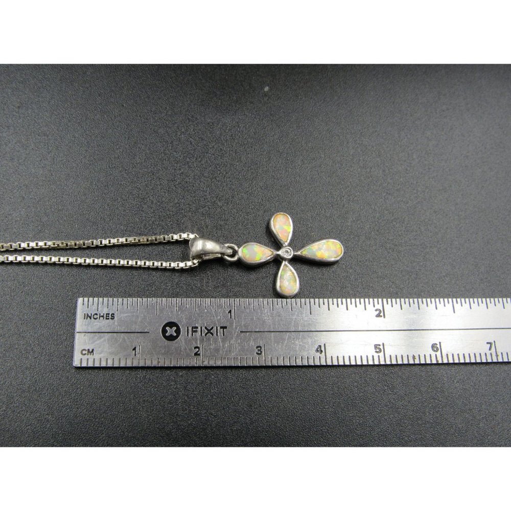 20" Sterling Silver Small Opal Cross Pendant Necklace Vintage Minimalist - Picture 6 of 7